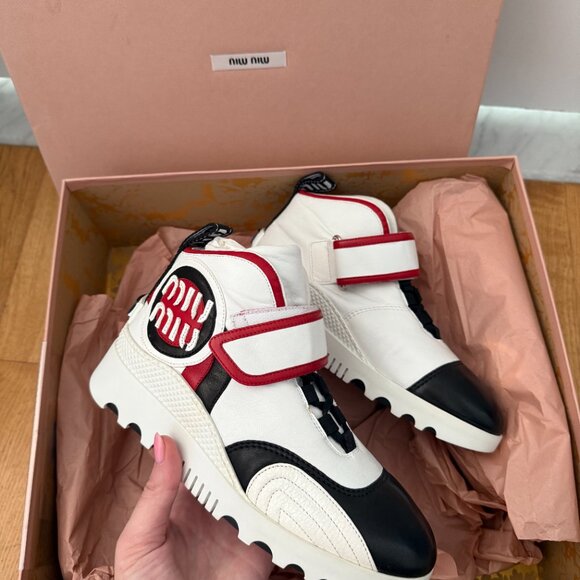 NWT Miu Miu High Top Sneakers White Multi Nappa Leather Lace Up Velcro - Picture 5 of 11